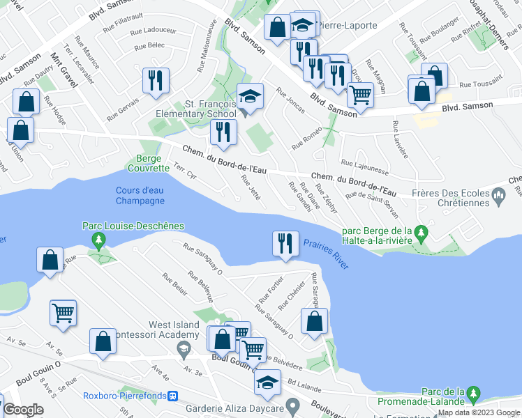 map of restaurants, bars, coffee shops, grocery stores, and more near in Laval