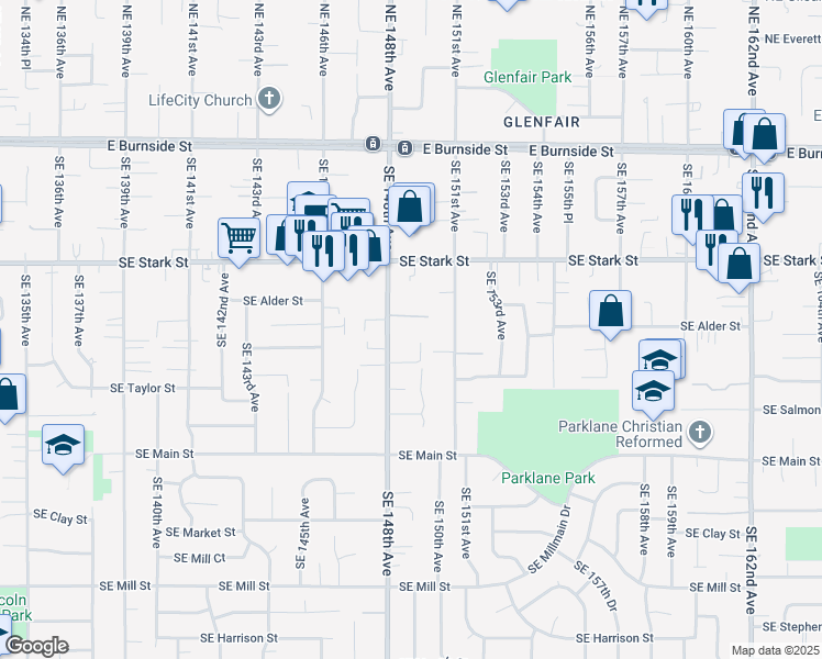 map of restaurants, bars, coffee shops, grocery stores, and more near 722 Southeast 148th Avenue in Portland