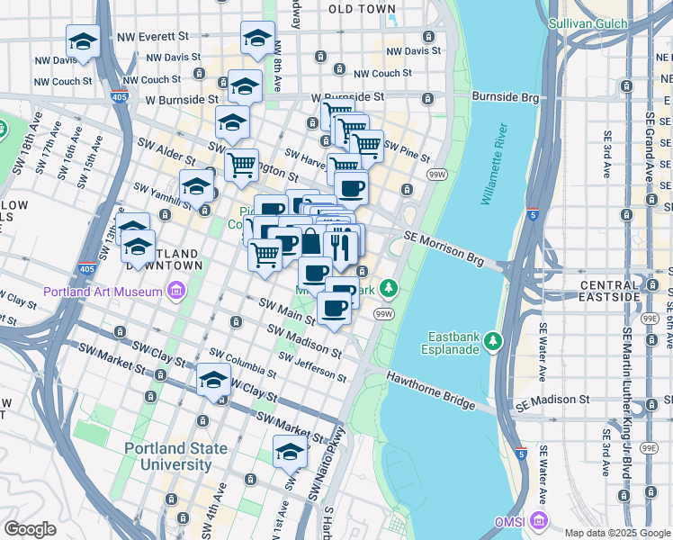 map of restaurants, bars, coffee shops, grocery stores, and more near 808 Southwest 3rd Avenue in Portland