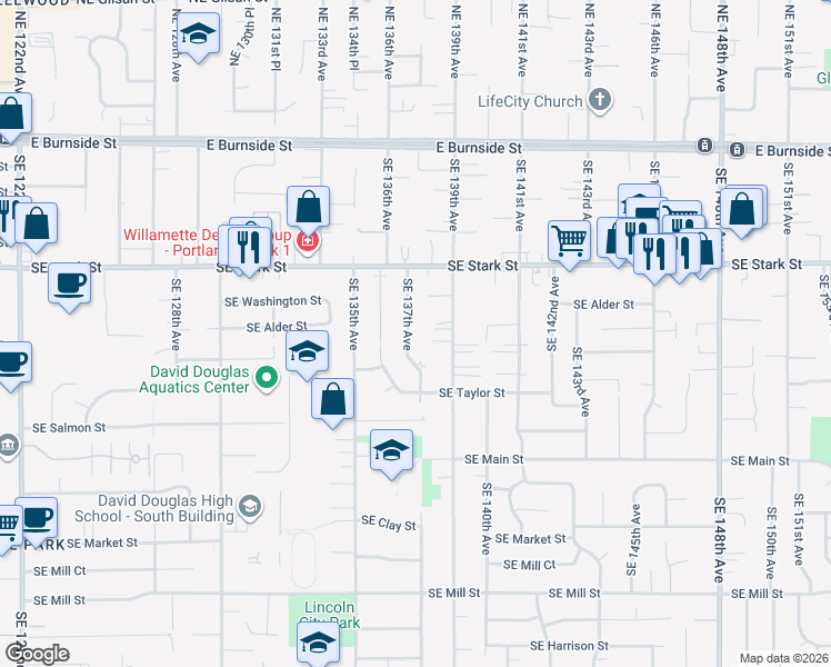 map of restaurants, bars, coffee shops, grocery stores, and more near 707 Southeast 137th Avenue in Portland