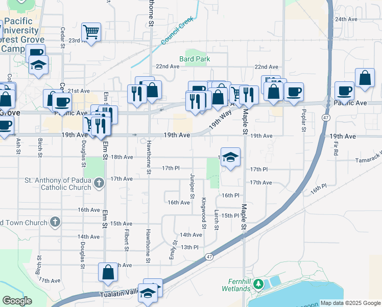 map of restaurants, bars, coffee shops, grocery stores, and more near 2837 18th Avenue in Forest Grove
