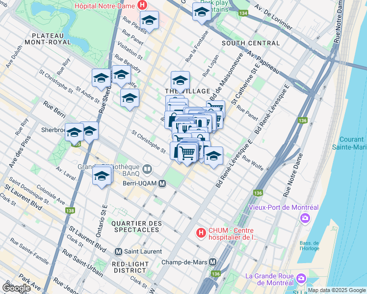 map of restaurants, bars, coffee shops, grocery stores, and more near 921 Rue Sainte-Catherine Est in Montréal