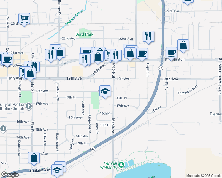 map of restaurants, bars, coffee shops, grocery stores, and more near 1804 Maple Street in Forest Grove