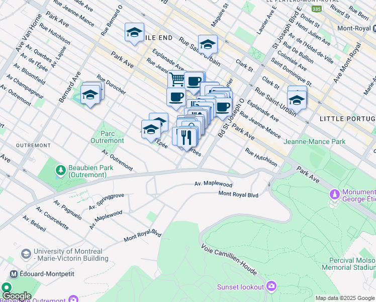 map of restaurants, bars, coffee shops, grocery stores, and more near 1110 Avenue Laurier Ouest in Montreal