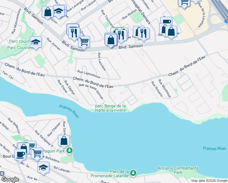 map of restaurants, bars, coffee shops, grocery stores, and more near 389 Rue Larivière in Laval
