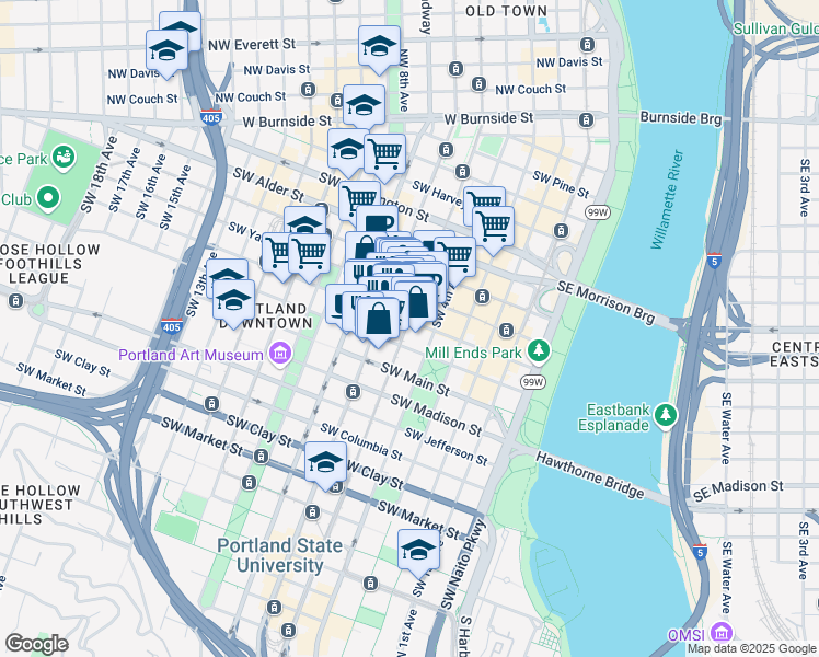 map of restaurants, bars, coffee shops, grocery stores, and more near 900 Southwest 5th Avenue in Portland