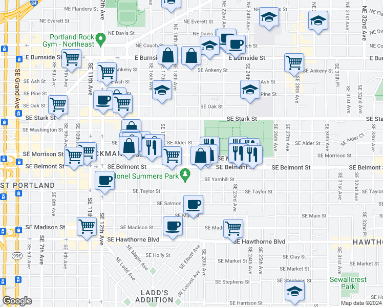 map of restaurants, bars, coffee shops, grocery stores, and more near 1917 Southeast Morrison Street in Portland