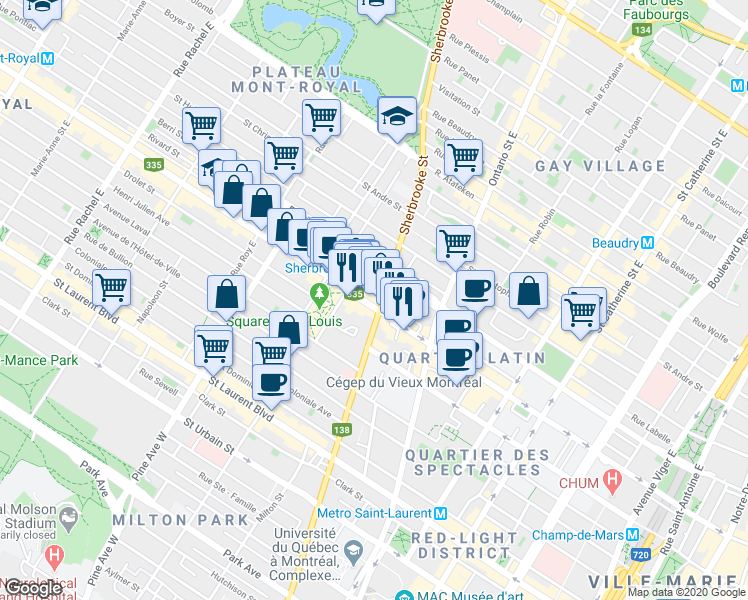 map of restaurants, bars, coffee shops, grocery stores, and more near 407 Rue Sherbrooke Est in Montréal