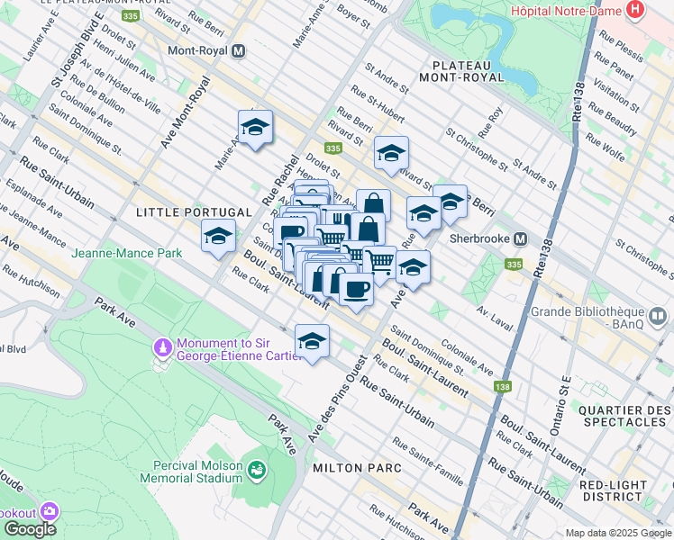 map of restaurants, bars, coffee shops, grocery stores, and more near 3955 Rue De Bullion in Montréal