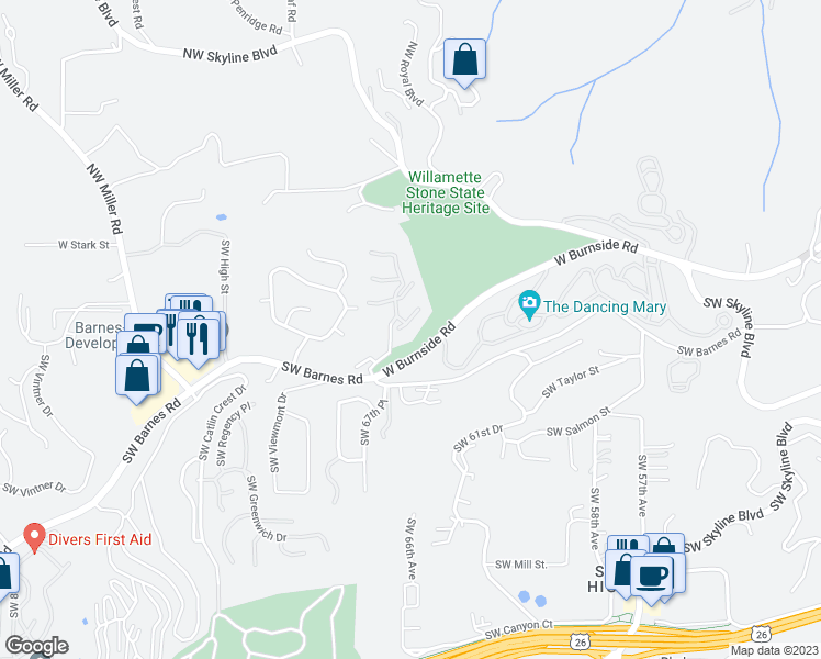 map of restaurants, bars, coffee shops, grocery stores, and more near West Burnside Road in Portland