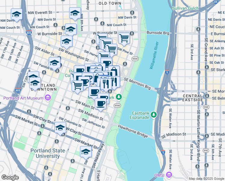 map of restaurants, bars, coffee shops, grocery stores, and more near in Portland