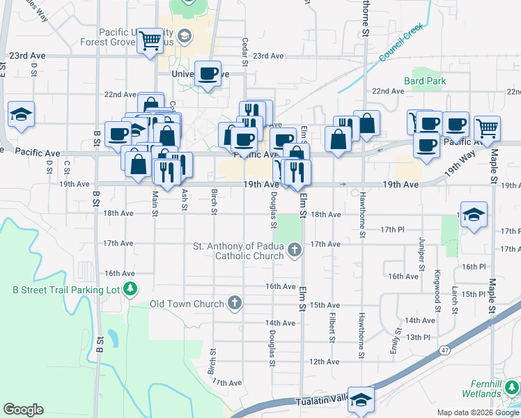 map of restaurants, bars, coffee shops, grocery stores, and more near 1814 Douglas Street in Forest Grove