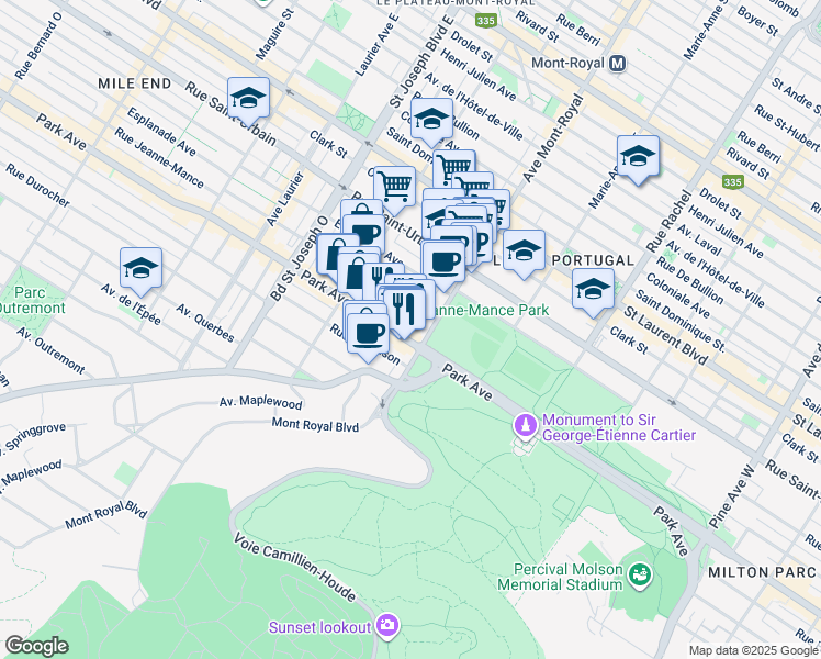 map of restaurants, bars, coffee shops, grocery stores, and more near 4521 Avenue du Parc in Montréal