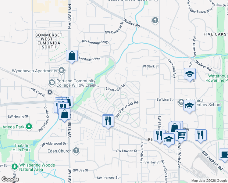 map of restaurants, bars, coffee shops, grocery stores, and more near 320 Southwest Liberty Bell Drive in Beaverton