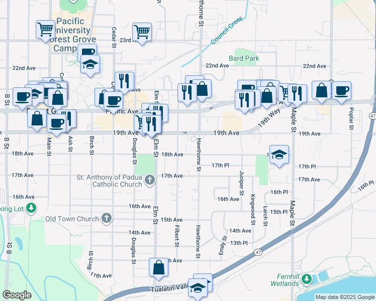 map of restaurants, bars, coffee shops, grocery stores, and more near 2617 18th Avenue in Forest Grove