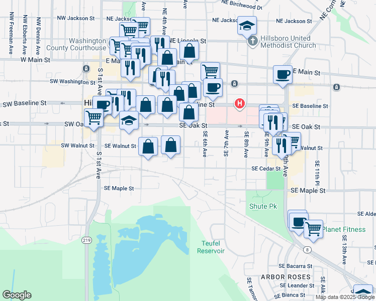 map of restaurants, bars, coffee shops, grocery stores, and more near 526 Southeast Walnut Street in Hillsboro
