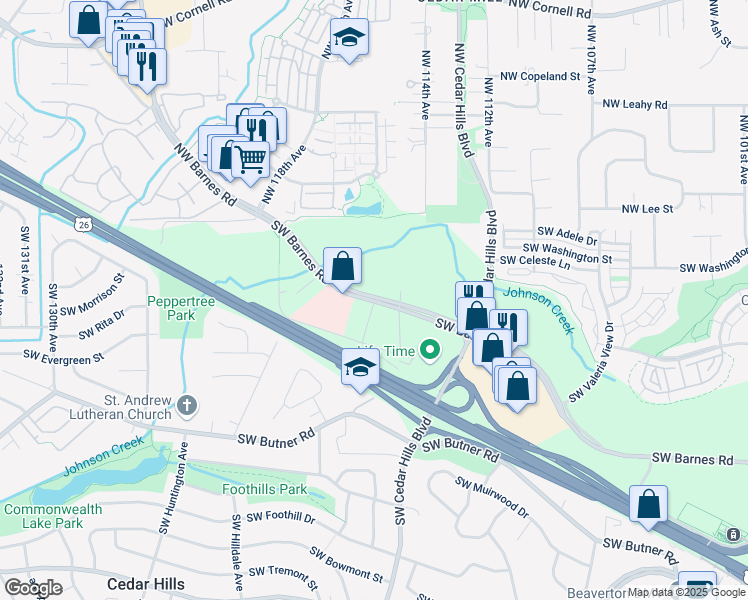 map of restaurants, bars, coffee shops, grocery stores, and more near SW Barnes Rd & NW 117th Ave in Beaverton