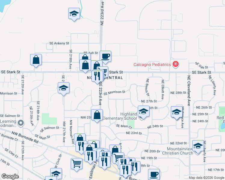 map of restaurants, bars, coffee shops, grocery stores, and more near 22453 Southeast Morrison Street in Gresham