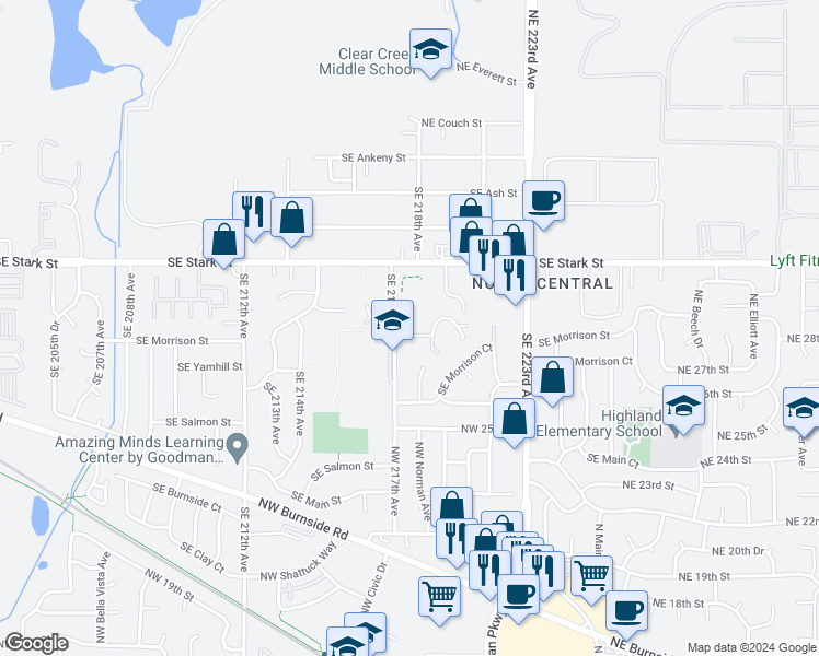 map of restaurants, bars, coffee shops, grocery stores, and more near 725 Southeast 217th Avenue in Gresham