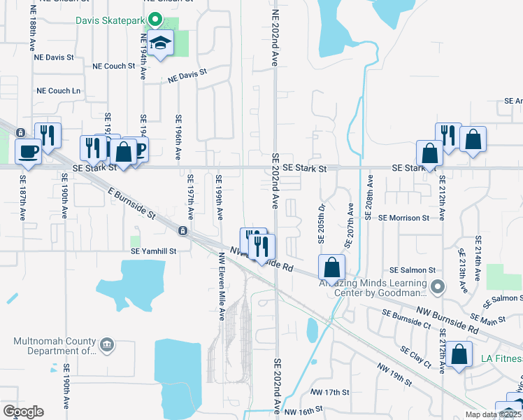 map of restaurants, bars, coffee shops, grocery stores, and more near 725 Southeast 202nd Avenue in Portland