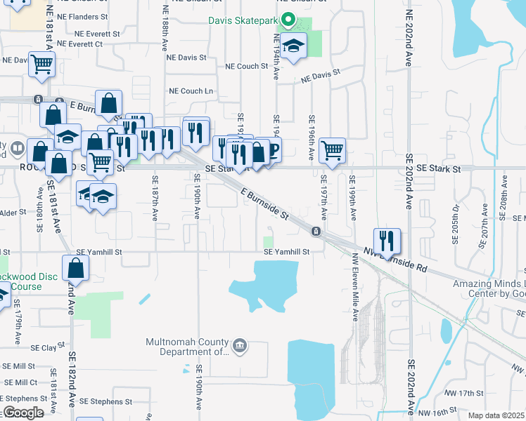 map of restaurants, bars, coffee shops, grocery stores, and more near 19244 East Burnside Street in Portland