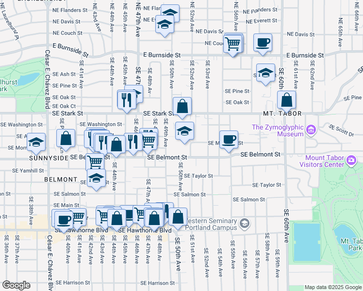 map of restaurants, bars, coffee shops, grocery stores, and more near 825 Southeast 51st Avenue in Portland