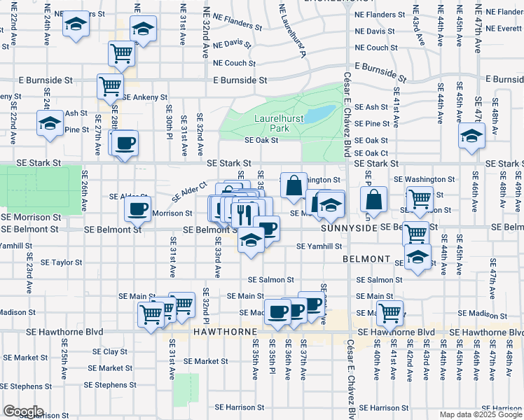map of restaurants, bars, coffee shops, grocery stores, and more near 3519 Southeast Morrison Street in Portland
