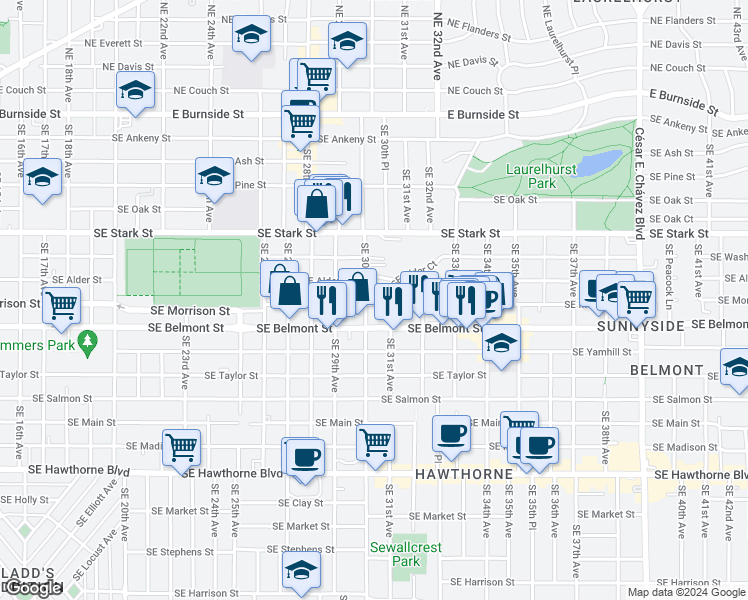 map of restaurants, bars, coffee shops, grocery stores, and more near 3025 Southeast Alder Court in Portland