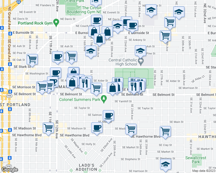 map of restaurants, bars, coffee shops, grocery stores, and more near 1917-1919 Southeast Morrison Street in Portland