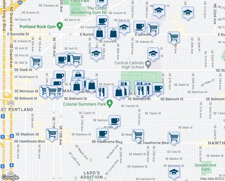 map of restaurants, bars, coffee shops, grocery stores, and more near 1917-1919 Southeast Morrison Street in Portland