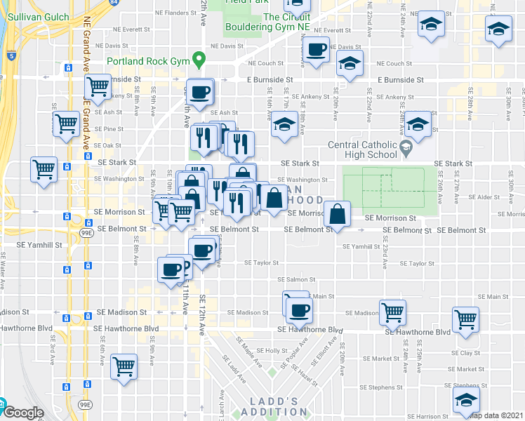 map of restaurants, bars, coffee shops, grocery stores, and more near 1414 Southeast Morrison Street in Portland