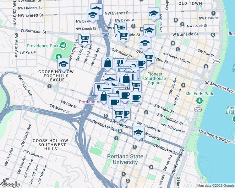 map of restaurants, bars, coffee shops, grocery stores, and more near in Portland