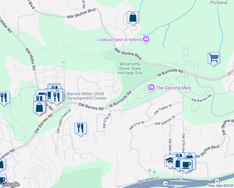 map of restaurants, bars, coffee shops, grocery stores, and more near West Burnside Road in Portland