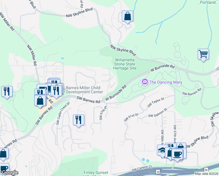 map of restaurants, bars, coffee shops, grocery stores, and more near West Burnside Road in Portland