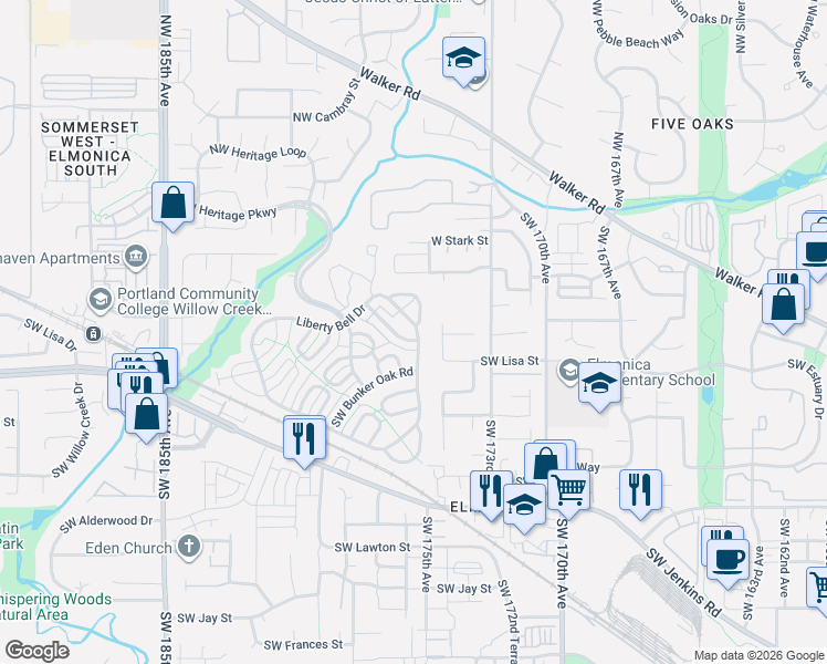 map of restaurants, bars, coffee shops, grocery stores, and more near 17505 Liberty Bell Drive in Beaverton