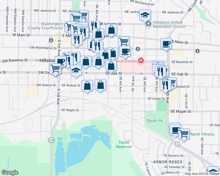 map of restaurants, bars, coffee shops, grocery stores, and more near 526 Southeast Walnut Street in Hillsboro