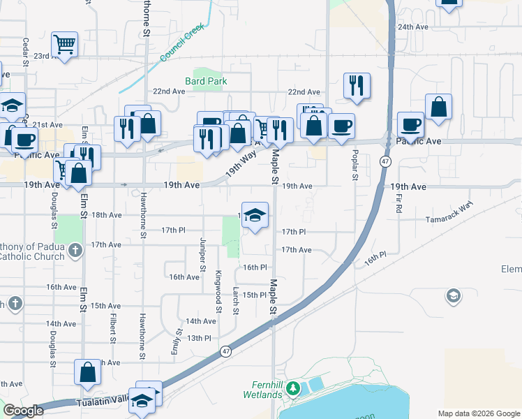 map of restaurants, bars, coffee shops, grocery stores, and more near 1804 Maple Street in Forest Grove