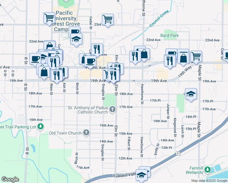 map of restaurants, bars, coffee shops, grocery stores, and more near 1818 Elm Street in Forest Grove