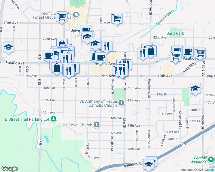 map of restaurants, bars, coffee shops, grocery stores, and more near 1814 Douglas Street in Forest Grove