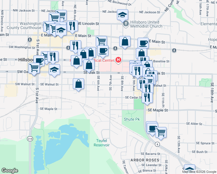 map of restaurants, bars, coffee shops, grocery stores, and more near 468 Southeast 7th Avenue in Hillsboro