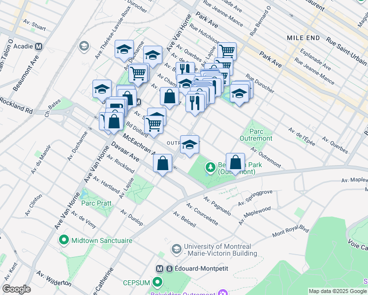 map of restaurants, bars, coffee shops, grocery stores, and more near 1470 Avenue Bernard in Montréal