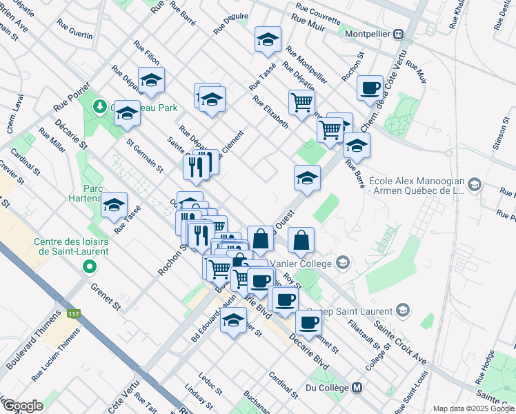 map of restaurants, bars, coffee shops, grocery stores, and more near 1055 Avenue Sainte Croix in Montréal