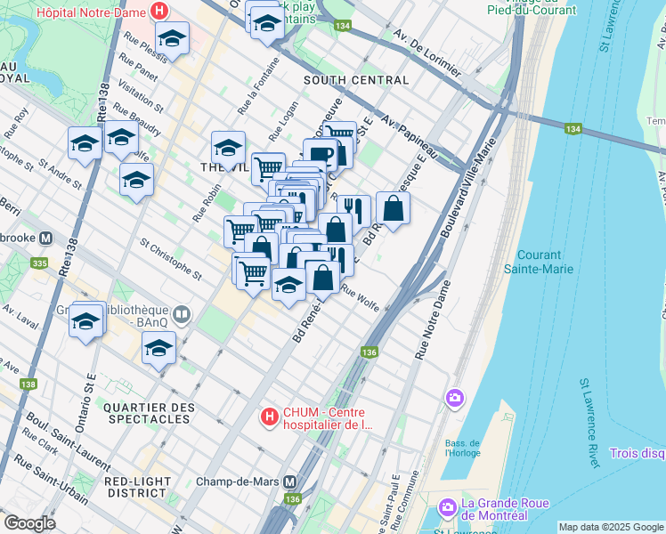 map of restaurants, bars, coffee shops, grocery stores, and more near 1170 Rue Montcalm in Montréal