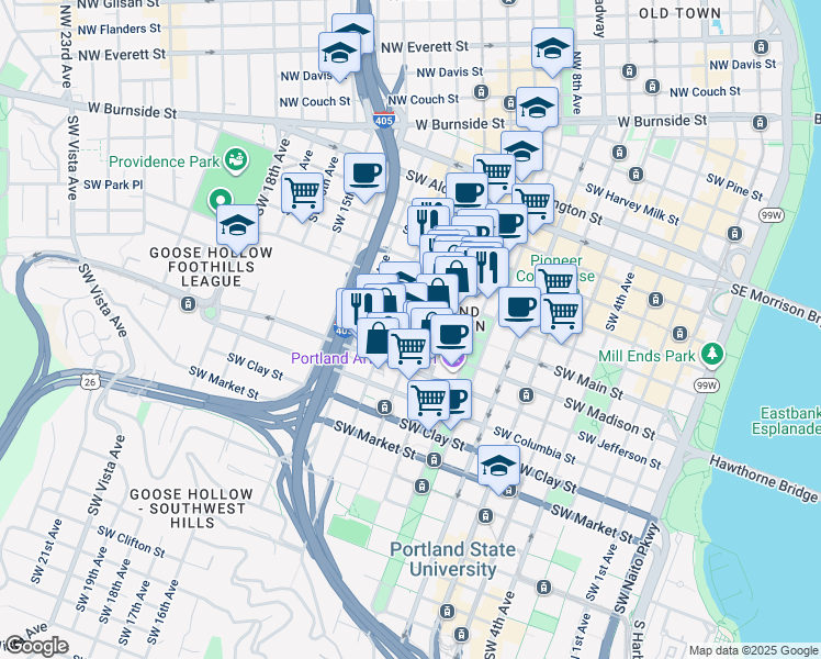 map of restaurants, bars, coffee shops, grocery stores, and more near 1145 Southwest 11th Avenue in Portland
