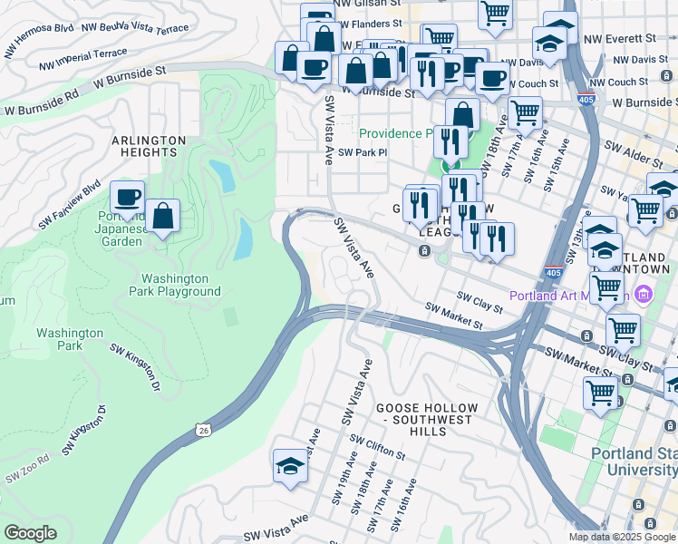 map of restaurants, bars, coffee shops, grocery stores, and more near 1728 Southwest Prospect Drive in Portland