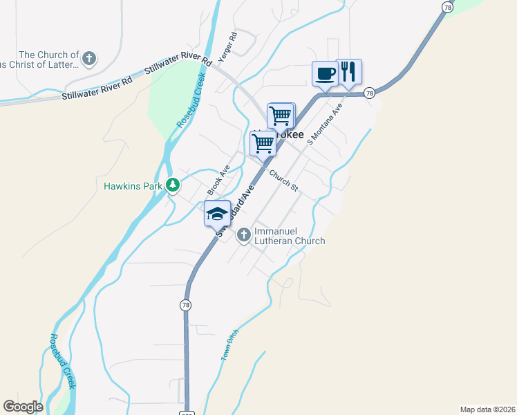 map of restaurants, bars, coffee shops, grocery stores, and more near 327 South Woodard Avenue in Absarokee