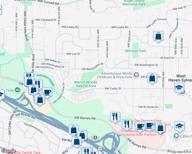 map of restaurants, bars, coffee shops, grocery stores, and more near 10057 Southwest Morrison Street in Portland