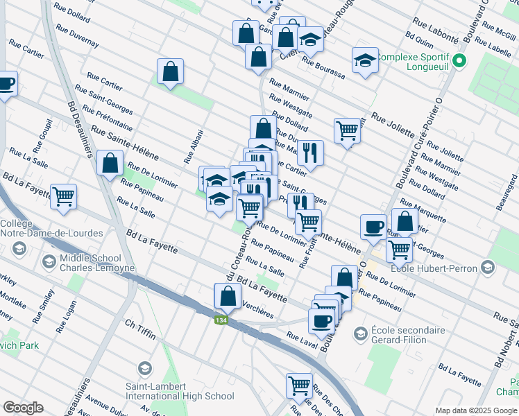 map of restaurants, bars, coffee shops, grocery stores, and more near 1150 Chemin du Coteau-Rouge in Longueuil