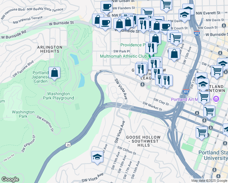 map of restaurants, bars, coffee shops, grocery stores, and more near 1728 Southwest Prospect Drive in Portland