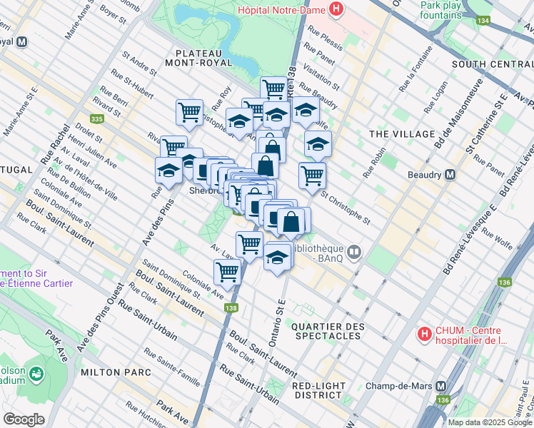 map of restaurants, bars, coffee shops, grocery stores, and more near in Montreal